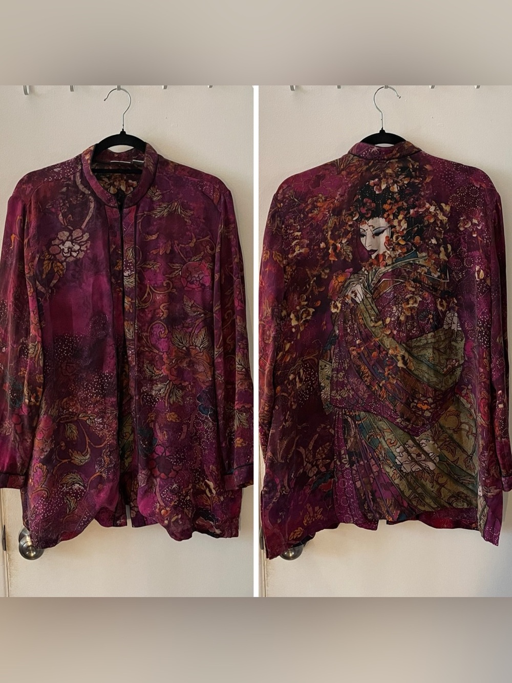 Chico’s 100% Silk Asian Blouse Art to Wear Mandarin Collar Maximalist Artsy